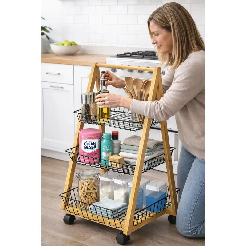 Carro Organizador De Bambu Con Ruedas Cocina Multiusos Negro