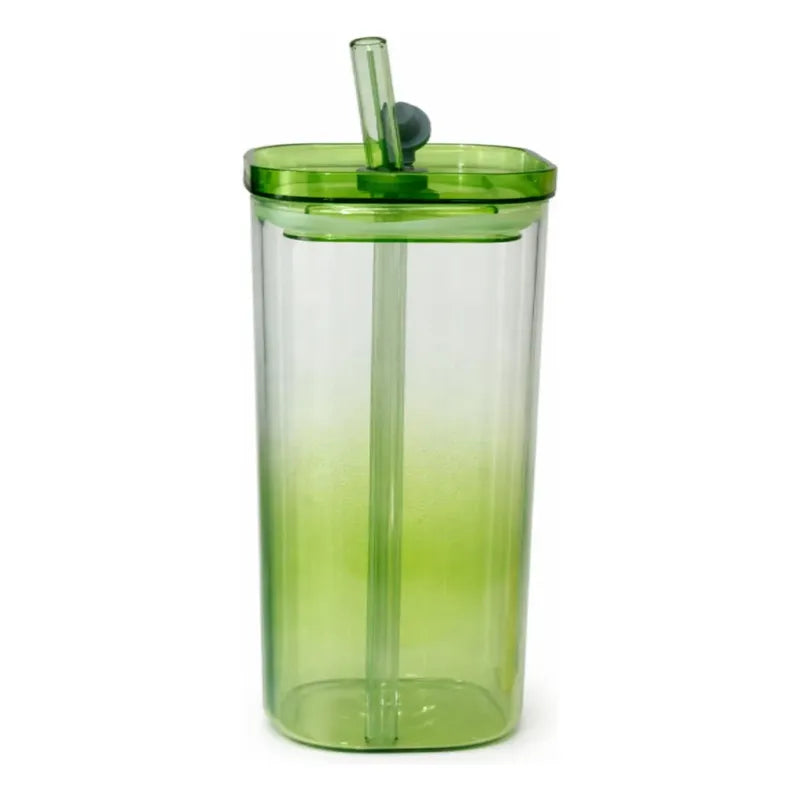Vaso De Vidrio Con Bombilla Cuadrado Para Bebidas Y Frías