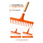 Rastrillo De Jardin Con 14 Dientes Torcidos Metal Sin Mango Naranja