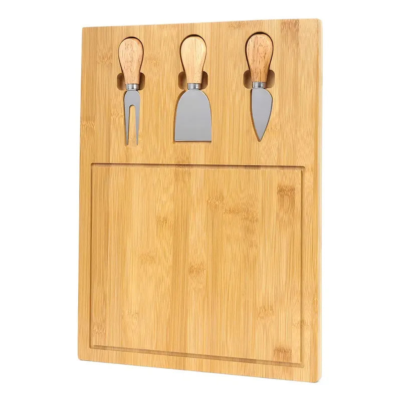 Tabla Para Picar Queso De Madera Bambú + 3 Utensilios Color Beige Liso