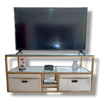 Rack Mueble Tv Moderno Dorado Con Organizadores 2 Niveles Dorado
