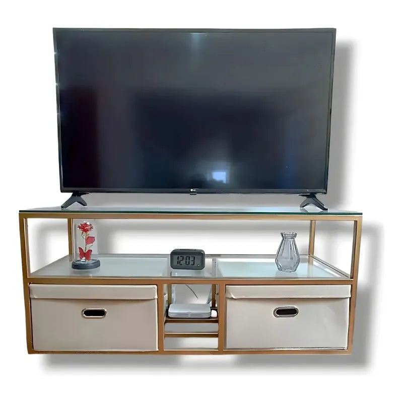 Rack Mueble Tv Moderno Dorado Con Organizadores 2 Niveles Dorado