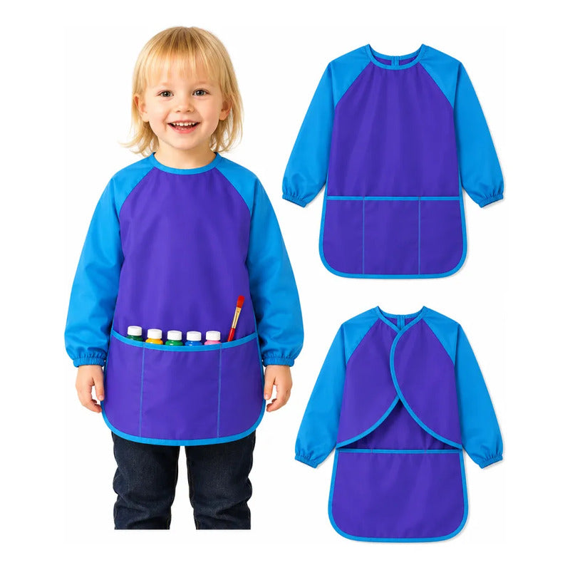 Mandil Bata Arte Infantil Mangas Largas Pintura Impermeable Celeste/azul Liso