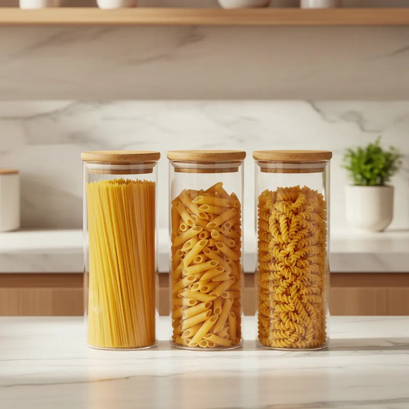 Pack De 6 Frascos De 1000ml Con Tapa De Bambú Para Especias Vidrio
