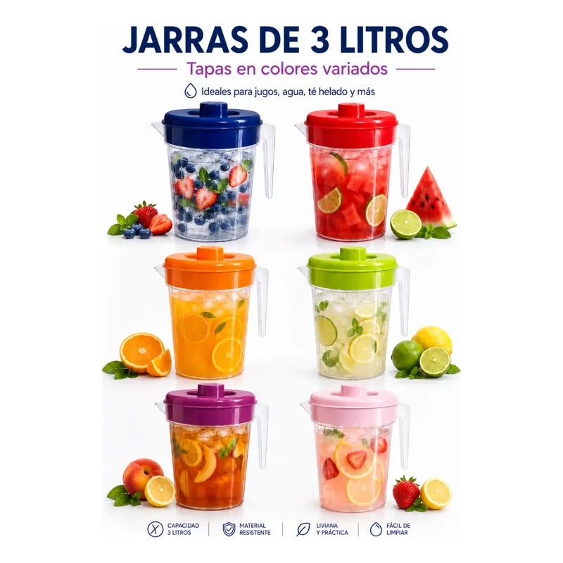 Jarra 3 Litros Plastico Con Tapa Jarro Para Jugo Agua Bebida Colores Surtidos Tapas