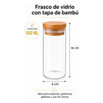 Pack X3 Frasco Vidrio 500ml Tapa Bambú Especias Para Cocina Vidrio Transparente