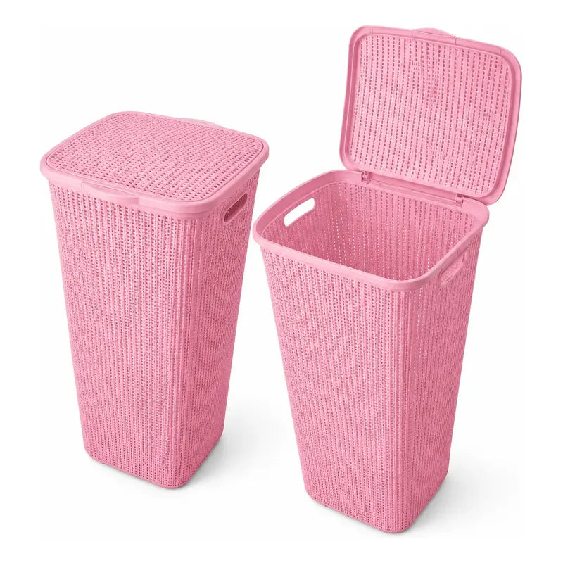 X2 Canasto De Plastico Para Ropa Sucia Con Tapa Calado Cesto Rosa Con Tapa