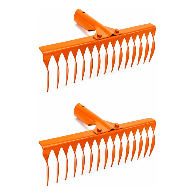 X2 Rastrillo De Jardin 14 Dientes Torcidos Metal Sin Mango Naranja