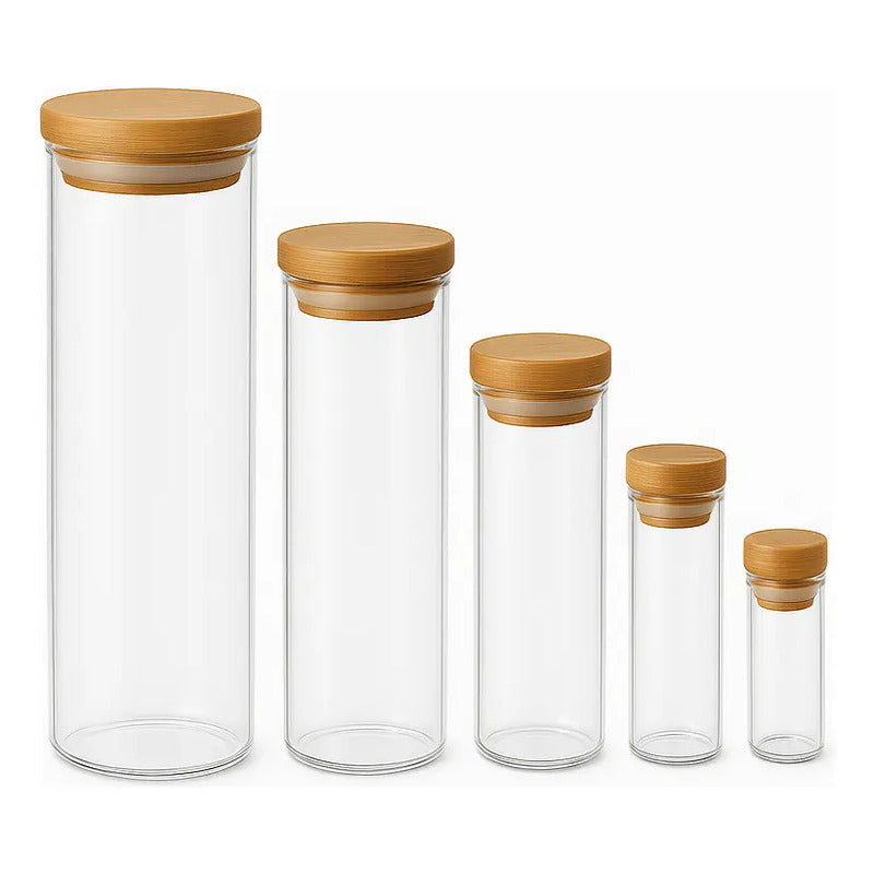 X5 Frasco De Vidrio Para Especias Y Cereales Con Tapa Bambu Transparente