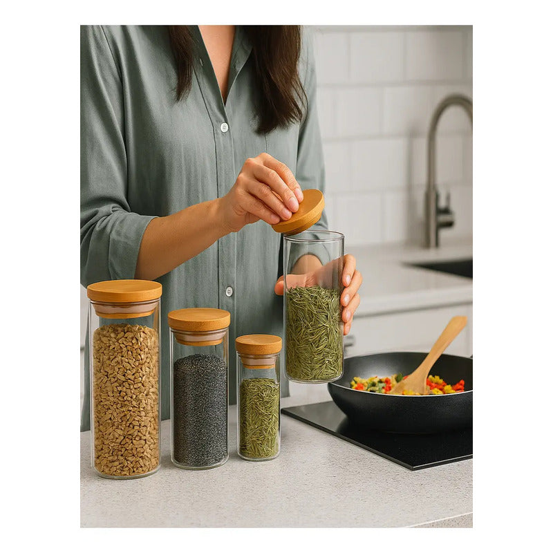 X5 Frasco De Vidrio Para Especias Y Cereales Con Tapa Bambu Transparente