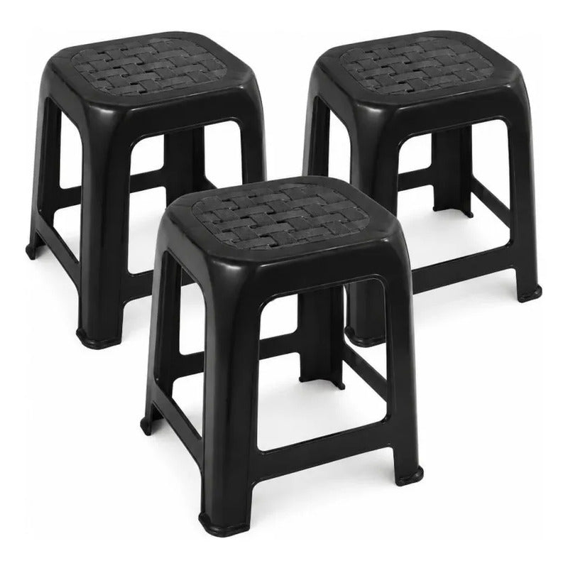 Piso De Plastico X3 Taburete Cuadrado Apilable Asiento 45cm Mate Texturizado Negro