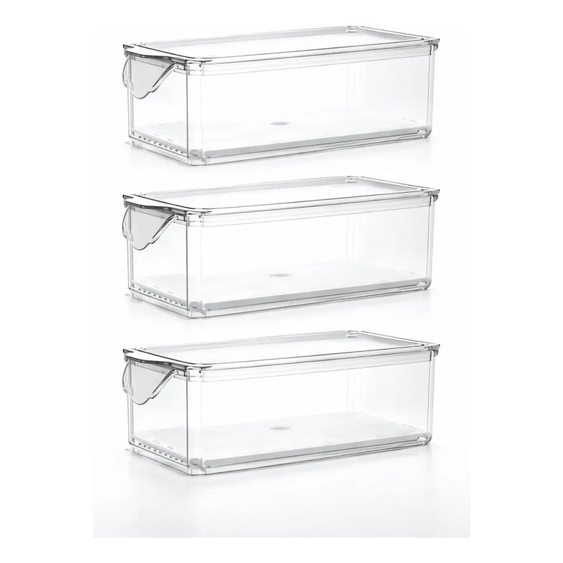 X3 Caja Organizadora Refrigerador Con Tapa Y Mango Grande Transparente