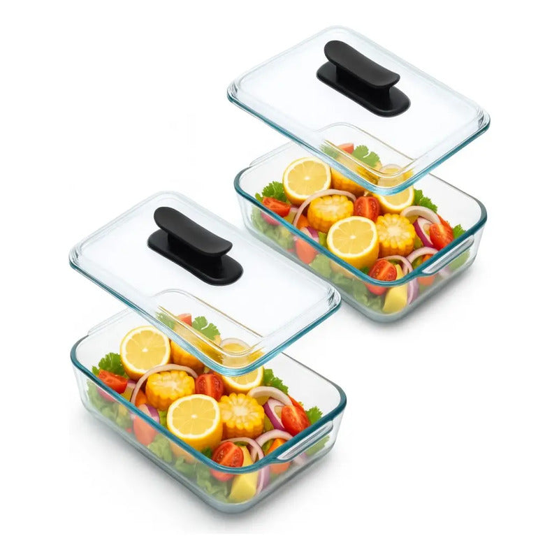 X2 Fuente Vidrio Para Hornear 3 Litros Con Tapa Rectangular Transparente