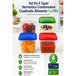 Set De 4 Taper Hermetico Contenedore Cuadrado Alimento 1lts Tapas Colores Surtidos