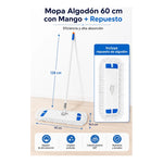 Mopa Algodón 60 Cm Con Mango + Repuesto Eficiencia Absorción Blanca