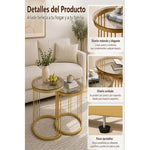 Mesa De Centro Redonda Juego 2 Mesita Centro Cubierta Vidrio Dorado