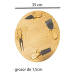 Tabla Picoteo Madera Coctel + Utensilio De Cortar Queso 35cm Redondo Beige