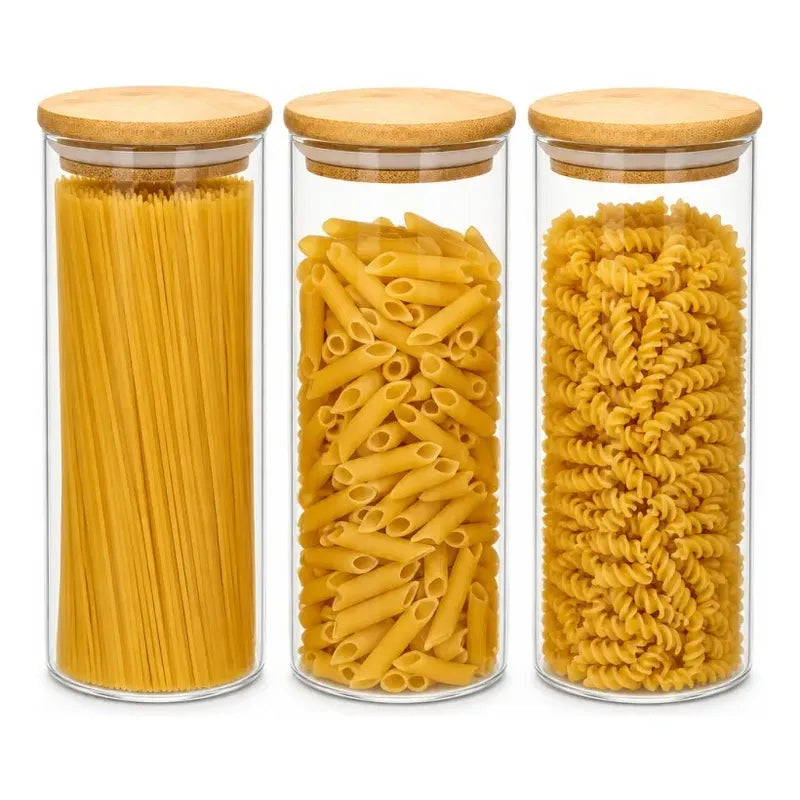 Frasco De Vidrio Condimento Especia Tapa Bambú Pack 3 1000ml Transparente