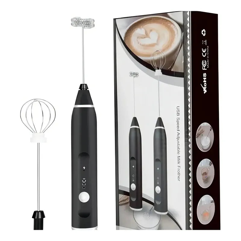 Mini Batidor Espumador Eléctrico Recargable Portátil Usb 2 Cabezales 3 Velocidades + 2 Batidores De Acero Inoxidable Color Negro