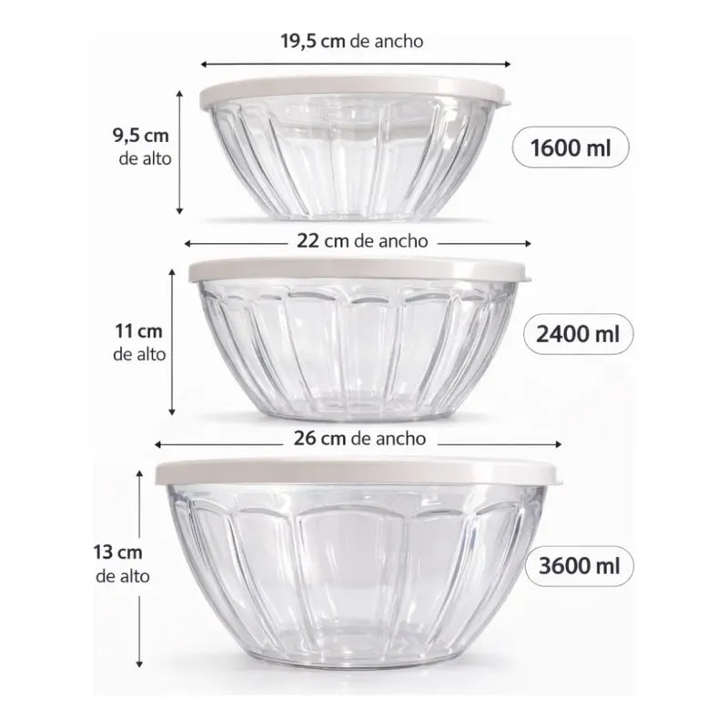 Set De 3 Bowl Ensaladera Redonda De Acrílico Con Tapa Transparente/tapa Blanca
