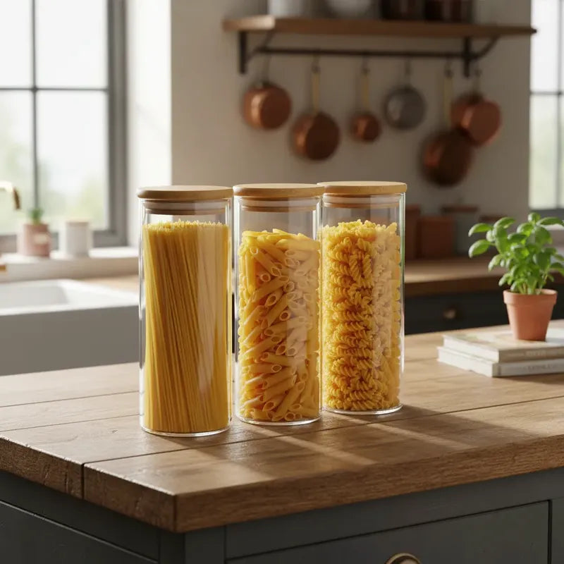 Pack De 9 Frascos De 1000ml Con Tapa De Bambú Para Especias Vidrio