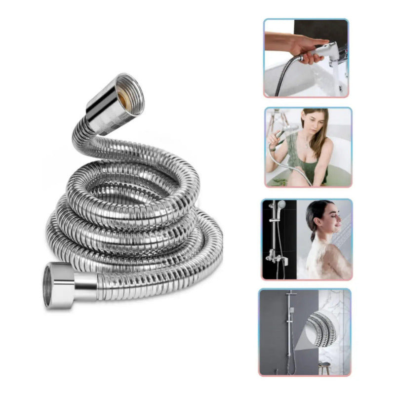 Manguera Ducha Flexible Extensible Acero Inoxidable 1,5mtrs Cromado Brillante