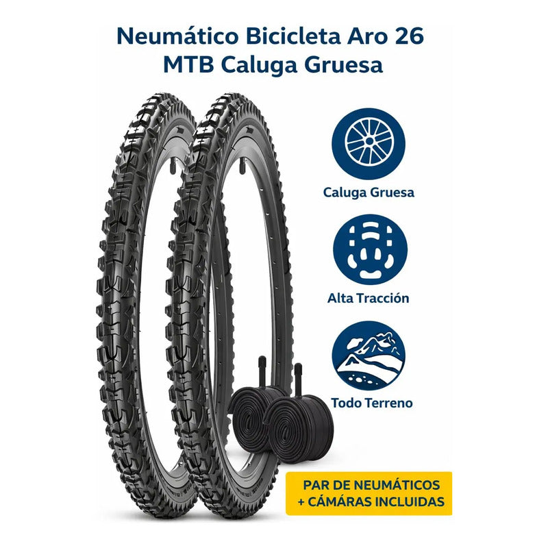 X2 Neumatico + 2 Camara Bicicleta Aro 26x2.125 Caluga Gruesa Neumático Negro Mtb 26