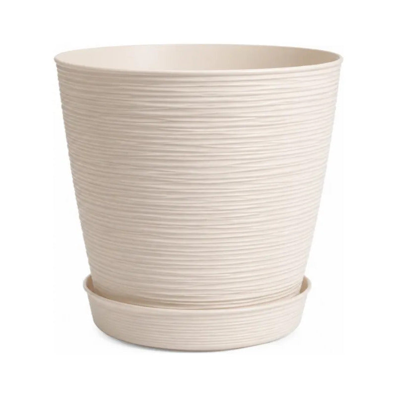 Macetero Grande Texturizado Con Plato Decorativo Para Hogar Crema Texturizado