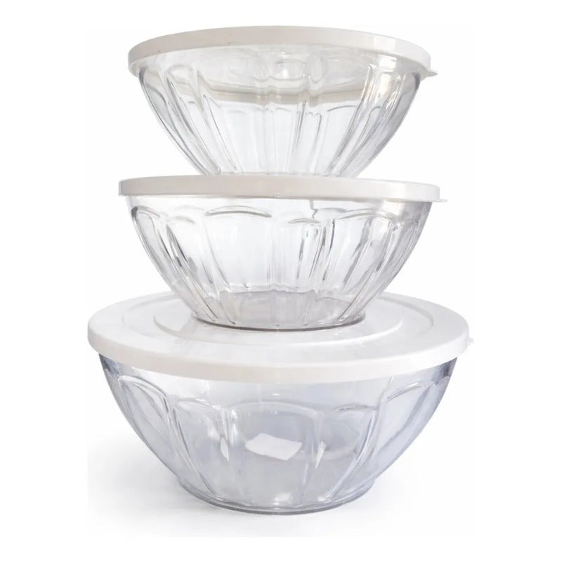 Set De 3 Bowl Ensaladera Redonda De Acrílico Con Tapa Transparente/tapa Blanca