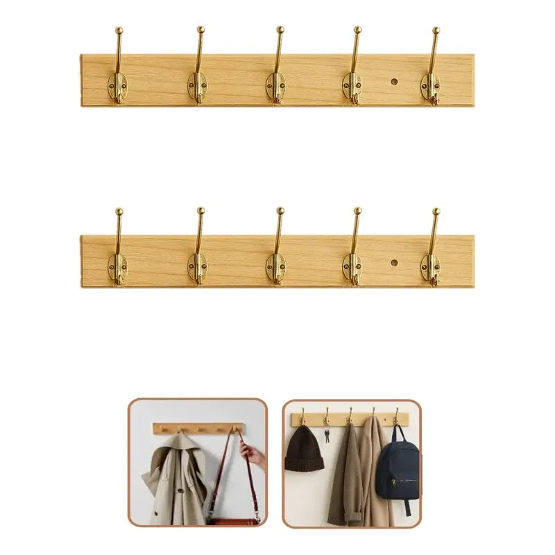 Set De 2 Percheros De Madera 5 Ganchos De Pared 50cm Madera