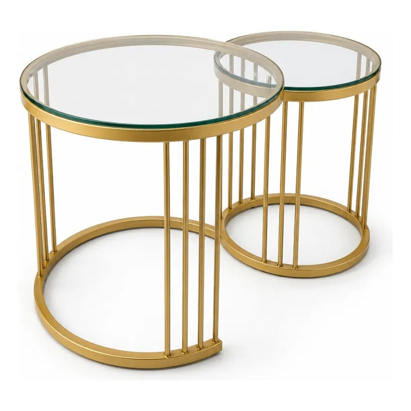 Mesa De Centro Redonda Juego 2 Mesita Centro Cubierta Vidrio Dorado