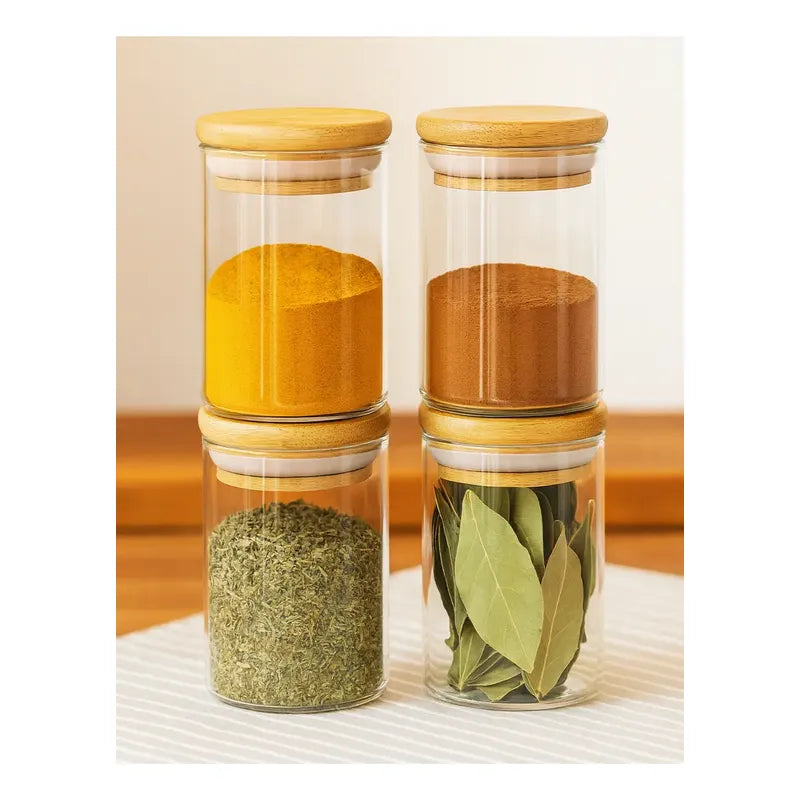 X 3 Frascos De Vidrio Para Especias Tapa De Bambu  300ml Transparente