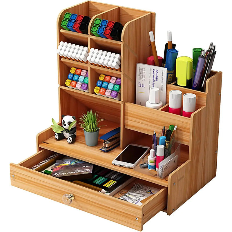 Organizador Portalapices Escritorio Oficina Con Cajon Madera