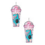 X2 Vaso Infantil Dinosaurio Acrilico Con Bombilla Luz 450ml