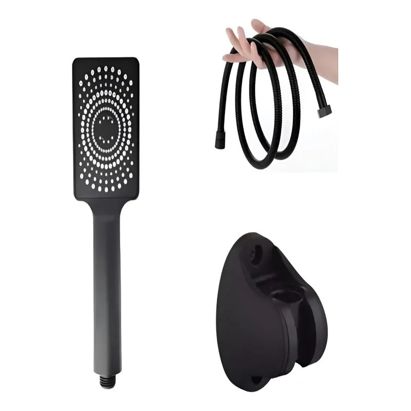 Kit  Ducha Negro Mate Teléfono Plast Manguera Soporte Tarugo Negro Mate