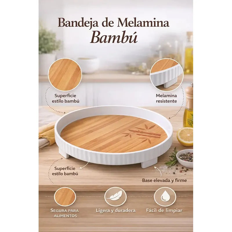 Bandeja Redonda De Servir De Melamina Grano De Madera 26cm