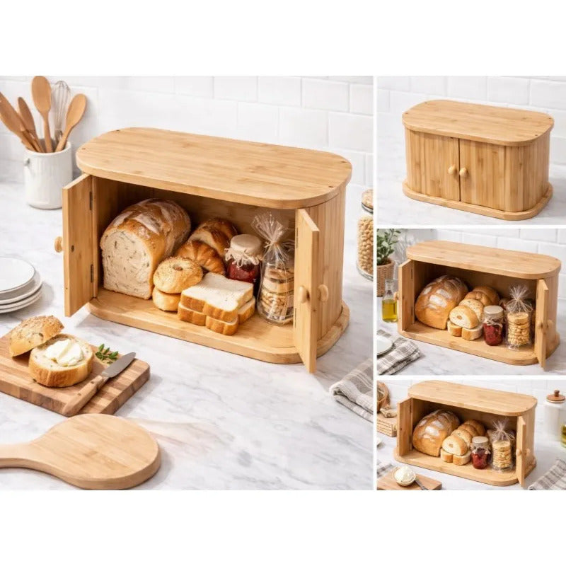 Panera De Bambu Natural Con Tapa Corredera Plegable Multiuso Madera Bambú Natural