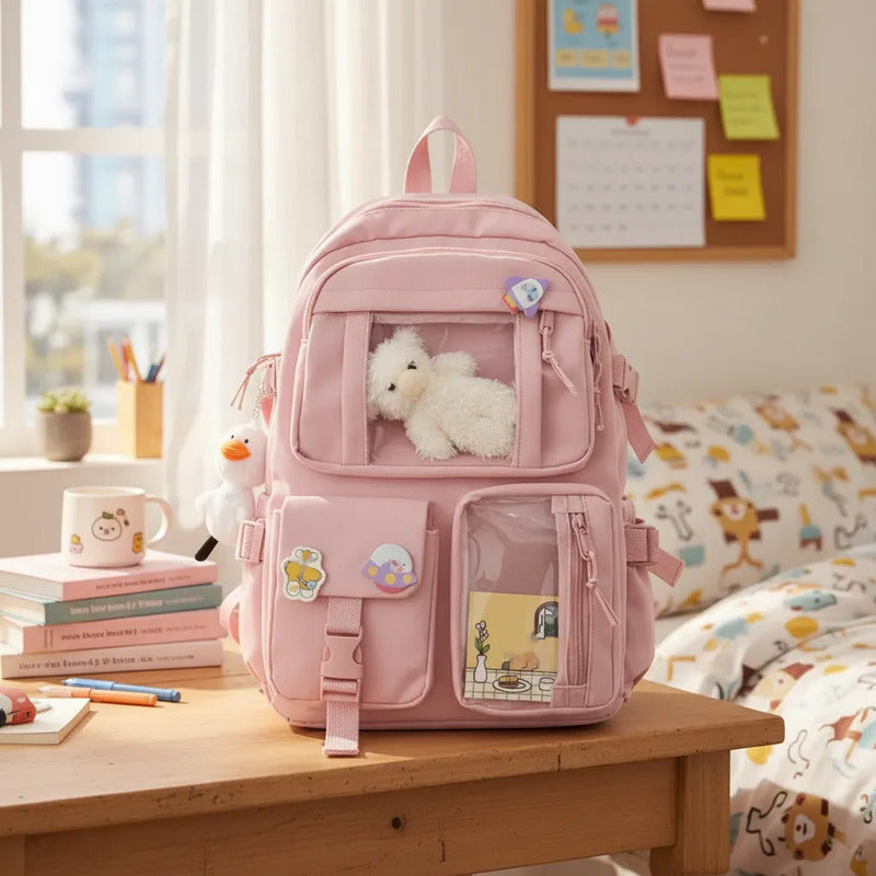 Mochila Escolar Kawaii Estilo Coreano Juvenil Viaje Colegio Rosa Liso