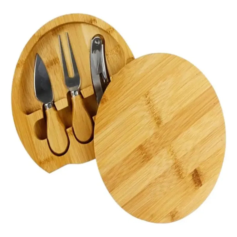 Tabla Redonda Cortador De Queso Madera + 3 Espátulas 19cm Madera